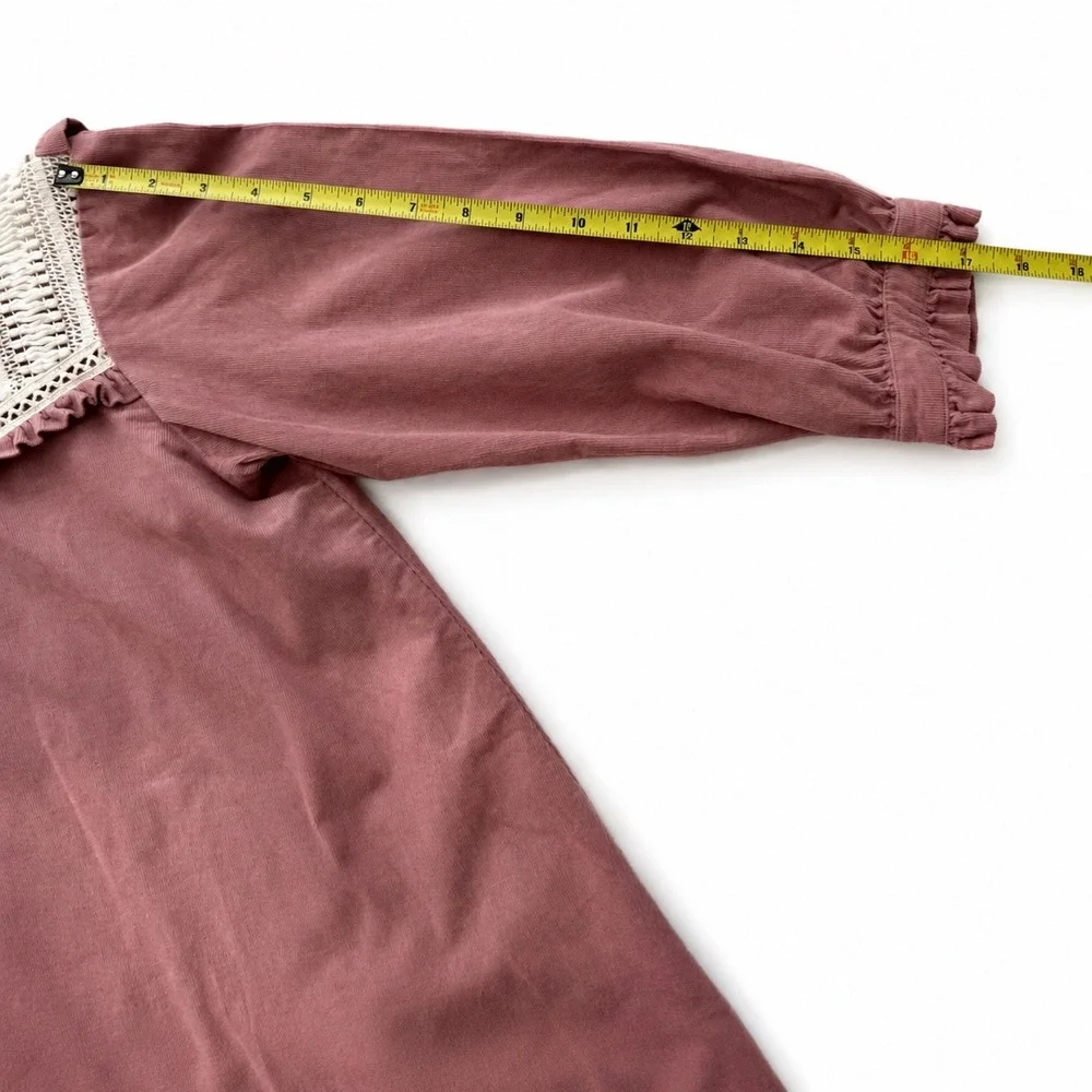 Zara Boho Dusty Pink 3/4 sleeve Corduroy‎ crochet  Ruffles Cotton Top X Small - Picture 6 of 8
